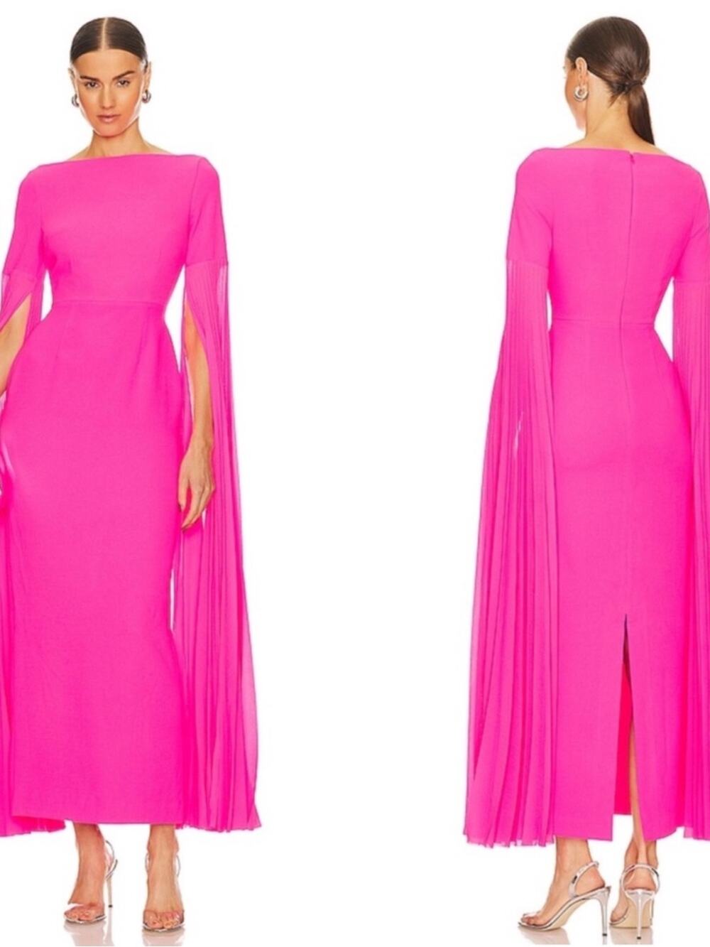 SOLACE LONDON Grace Pleated Long Sleeve Hot Pink Maxi Dress Size 4